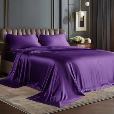 Imagem de BEDELITE Jogo de cama solteiro de cetim GG, luxuoso macio ameixa roxa para cabelo e pele, semelhante ao conjunto de lençóis de seda, 3 peças com 1 lençol com elástico alto, 1 lençol de cima e 1 fronha