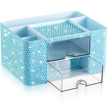 Imagem de MotiMind Organizador de mesa azul com 2 gavetas, organizador de maquiagem brilhante para penteadeira, acessórios femininos de mesa, suporte de caneta de strass, eleve seu espaço de trabalho com