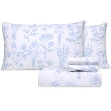Imagem de Jogo de lençol floral azul de algodão, flor solteira, branco com bolsos laterais, bolsos profundos, 40,6 cm, 3 peças, estampa botânica de percal, país francês, Oeko-Tex para cama de solteiro, mulheres