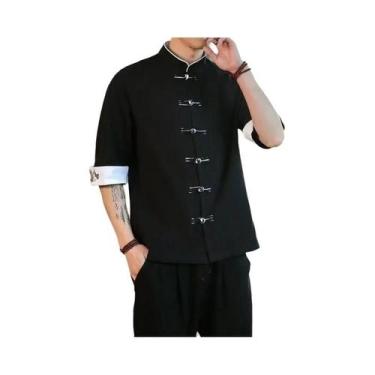 Imagem de Camisa Masculina Hanfu de Linho com Bordado de Guindaste - Gola Mandar