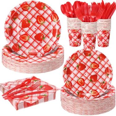 Imagem de Ziliny Conjunto de utensílios de mesa descartáveis, 350 peças, 22 cm, 19 cm, copos de 255 g, talheres e guardanapos, conjunto de louça para 1º aniversário, servir 50 (vermelho, rosa, morango guingão)