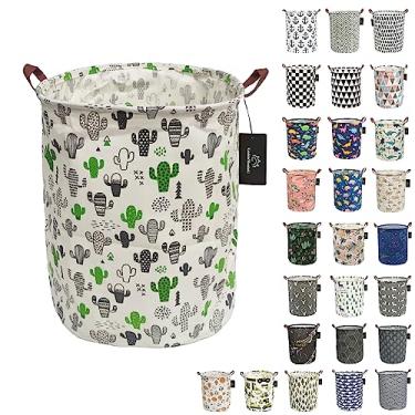 Imagem de Cesta de lavanderia dobrável - GodenMoninG 62,8L Cesto de armazenamento redondo impermeável de tamanho grande com alças, decoração de casa, organizador de brinquedos, cesto de berçário infantil. (cacto de desenho animado)