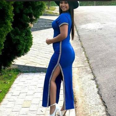 Imagem de Vestido feminino fenda longo malha canelada listra fina manga curta - 