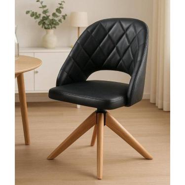 Imagem de Poltrona Estofada Com Base Giratória Em Madeira Maciça – Prada Exclusiva Courino Durango Preto