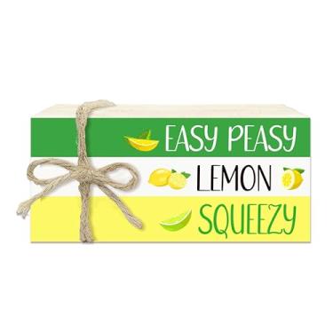 Imagem de 3 pilhas de livros decorativas de verão limão para decoração de casa, pilha de livros de madeira para decoração de mesa, decorações de bandeja de verão em camadas para decoração de prateleira de mesa