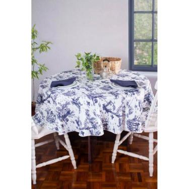 Imagem de Toalha de Mesa Redonda em Tecido Jacquard Estampado Toile de Jouy Azul