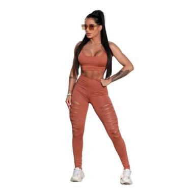 Imagem de Conjunto Fitness Feminino com Calça Legging Giletada e Top - FMF, Marr