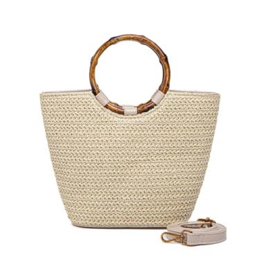 Imagem de Chageempb Bolsa pequena de resina de bambu com alça de palha bolsa de praia de verão para mulheres bolsas de mão com alça superior de férias, Bege, Mini bolsa feminina de palha