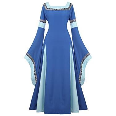 Imagem de Zhitunemi Fantasia feminina renascentista, vestido camponês, fantasia de Halloween, fantasia feminina, vestido retrô, Azul, G