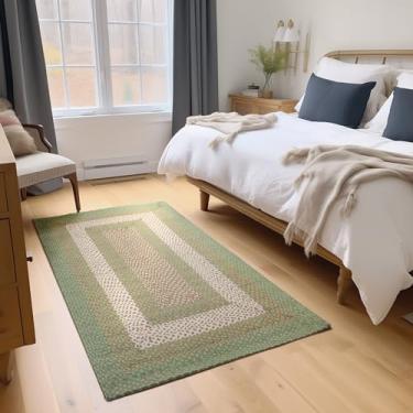 Imagem de Super Area Rugs Tapete trançado de fazenda de 1,2 x 1,8 m - Tapete de algodão macio natural para sala de jantar/cozinha - Tapete de tecido country primitivo - verde/creme/marfim