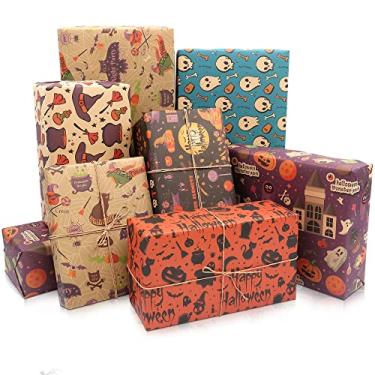 Imagem de MAMUNU Papel de embrulho de Halloween - Conjunto de papel de embrulho Kraft dobrado com 12 folhas - designs de morcego fantasma de abóbora e chapéu de bruxa - Papel de embrulho para decoração de festa
