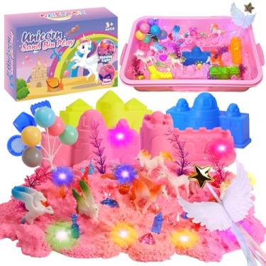 Imagem de GAIETYDIY Kit De Areia Mágica Unicórnio Para Meninas, Caixas Sensoriais Crianças Pequenas Com Luz Led, 2,2 Libras, Decoração Castelo, Tampa Caixa Areia, Conjunto Brinquedos, Brinquedo Praia 3, 4, 5,