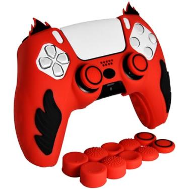 Imagem de HLRAO Capa protetora de silicone macia antiderrapante vermelha compatível com controle PS5/Slim/Pro, 8 peças de tampas vermelhas para polegar e 2 tampas de aderência.