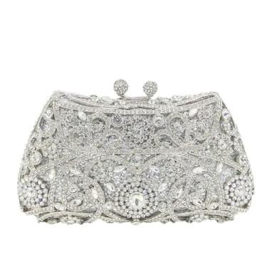 Imagem de Boutique De FGG Mini bolsa de mão feminina com strass floral para festa floral cristal clutch casamento formatura bolsa de mão, Prata, Mini