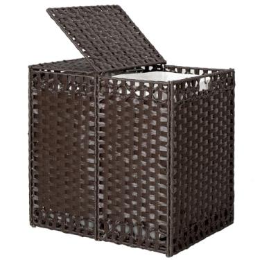 Imagem de Cesto de roupa suja dobrável de 130 L com tampa - cesta de armazenamento de vime tecida à mão, cesto de roupas de 2 seções com 2 sacos de forro removíveis, fácil montagem, portátil para quarto