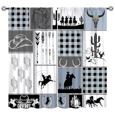 Imagem de Cortinas caubói ocidental, bota country, cavalo, ferradura, cacto, vaca do deserto, caveira, tratamentos de janela azul, cortinas com isolamento térmico, bolso para varão, 2 conjuntos de painéis para