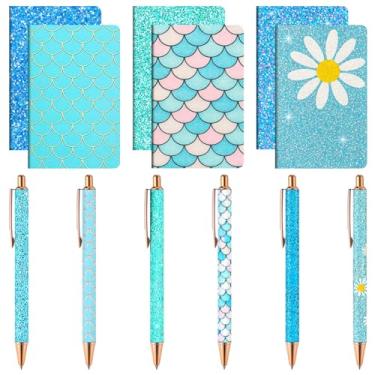 Imagem de MotiMind Conjunto de 12 canetas e blocos de notas chiques, 6 mini cadernos com glitter, 6 lindas canetas brilhantes com glitter para meninas, mulheres, escritório, escola, Natal, formatura (azul)