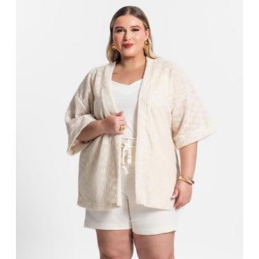 Imagem de Kimono Feminino Plus Size Em Tricot Secret Glam Bege, Plus G2, Bege