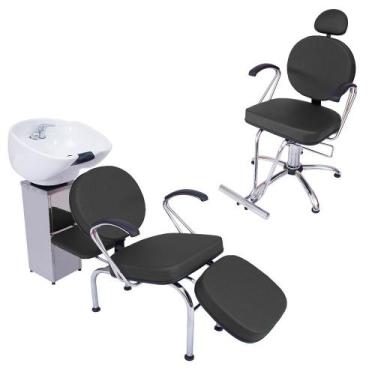 Imagem de Kit 1 Poltrona Cadeira Fixa e Lavatório Salão Beleza Veneza - For-ty