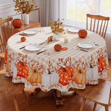 Imagem de Toalha de mesa redonda de outono 152 x 152 cm, xadrez de búfalo laranja, borda recortada, Waterpoof, sazonal, outono, Ação de Graças, decorações de festa em casa