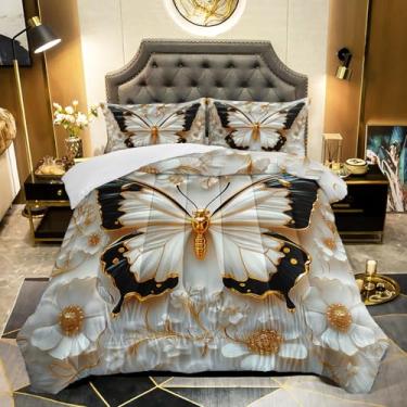 Imagem de QOOMO Conjunto de edredom solteiro de borboleta 3D, 3 peças, para adolescentes, meninos, meninas, preto e branco, com 2 fronhas, alternativa, macio e leve