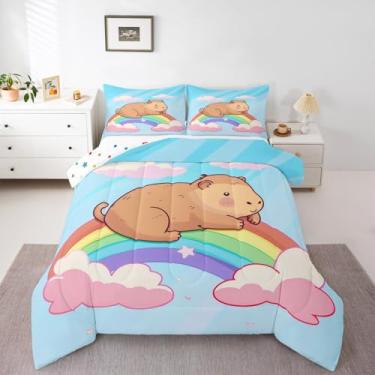Imagem de Erosebridal Lindo conjunto de cama de capivara, tamanho casal, para decoração de casa, conjunto de edredom arco-íris para quarto, edredom com estampa kawaii, nuvem de desenho animado