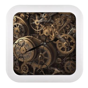 Imagem de YKLBV Relógio de parede quadrado silencioso sem tique-taque, plástico orgânico, relógio impresso com engrenagens Steampunk legais para quarto, sala de aula e restaurante
