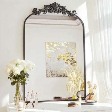 Imagem de Espelho dourado vintage tradicional, espelho arqueado antigo, espelhos de parede decorativos de bronze, espelhos barrocos grandes com moldura de alumínio, espelho ornamentado para banheiro, sala de