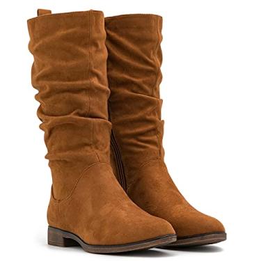 Imagem de MOOMMO Botas femininas de cano médio, cano médio, botas de cano alto, botas de cano alto, sem salto plano, botas longas com zíper lateral de panturrilha larga botas de inverno bico redondo botas rasas