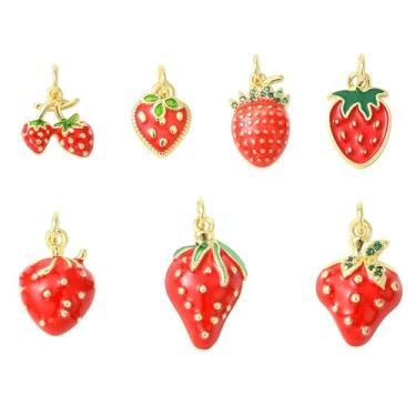Imagem de UR URLIFEHALL 7 peças de pingentes de morango de latão banhado a ouro 18 K esmaltado frutas vermelhas para fazer joias, artesanato faça você mesmo, chaveiro, alças de telefone