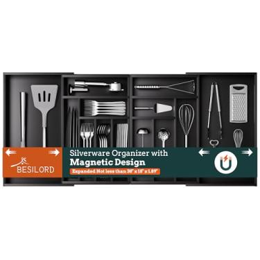 Imagem de Organizador de talheres grande, magnético conectado, expansível com 13 compartimentos, organizador de gaveta de talheres de 53 a 94 cm, suporte ajustável para talheres e talheres, bandeja de