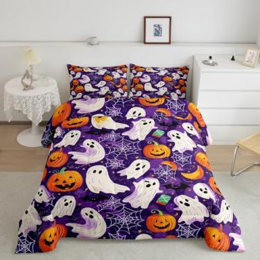 Imagem de jejeloiu Conjunto de edredom infantil para todas as estações, desenho animado, fantasma, com 2 fronhas, abóboras, microfibra, roupa de cama Queen, teia de aranha, edredom respirável