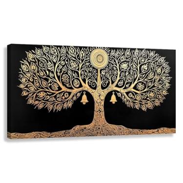 Imagem de Árvore da Vida Arte de Parede Impressão em Tela Vida Dourada com Raízes de Árvore Sinos Decoração para Sala de Estar 80x40cmx1