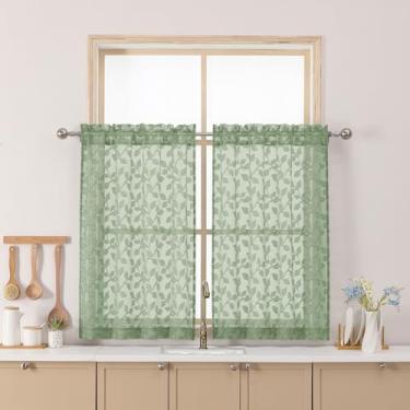 Imagem de Chyhomenyc Cortinas transparentes verde-sálvia 91 cm de comprimento, cortina de cozinha de janela pequena texturizada com filtro de luz sobre a pia, cortinas curtas de meia janela para porão de
