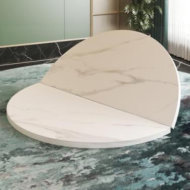 Imagem de Mesa de jantar moderna redonda dobrável de 139 cm, acabamento de mármore e grãos de madeira, pernas de metal preto, assentos de 4 a 10 pessoas (toca-discos branco jazz)