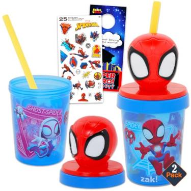 Imagem de Conjunto de copos com bico Spidey and His Amazing Friends para crianças - Conjunto de copos de beber do Homem-Aranha com 2 copos Spidey sem BPA, copos com tampa e canudo Plus adesivos para crianças |