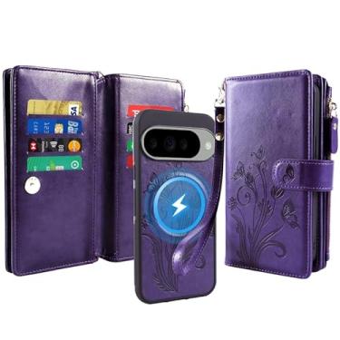 Imagem de Capa carteira para Google Pixel 9 Pro XL/10 Pro XL, compatível com MagSafe 2 em 1 de couro sintético destacável magnético com bloqueio de RFID, suporte para cartão, fecho de zíper, alça de pulso, roxo