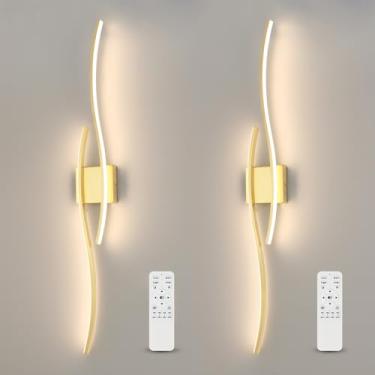 Imagem de EIDEARAY Conjunto de duas arandelas de parede de LED moderno com controle remoto, conjunto de 2 lâmpadas de parede reguláveis de 101,6 cm, luminária de parede dourada com temporizador, lâmpada de