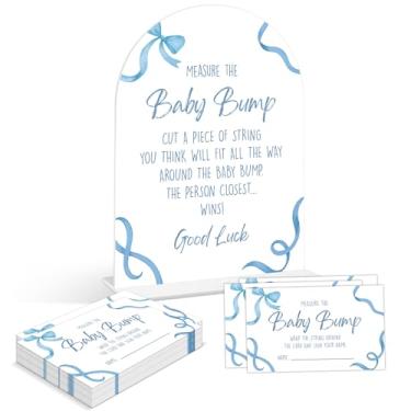 Imagem de Baby Shower Games - Blue Bow Measure The Baby Bump Game, 1 placa de acrílico em arco e 50 cartas de adivinhação, jogo de revelação de gênero, suprimentos de decoração de chá de bebê azul (DP02)