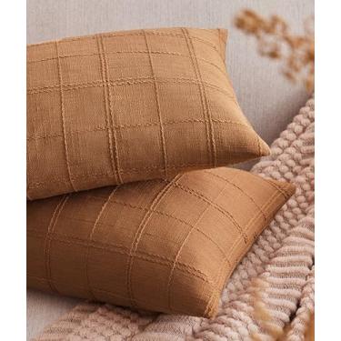 Imagem de ZeeMart Conjunto de 2 capas de almofada lombar xadrez de linho, 30,5 x 50,8 cm em toda a grade de caramelo, fronhas bordadas em grade dupla face decorativa para casa de fazenda, capas de almofada de