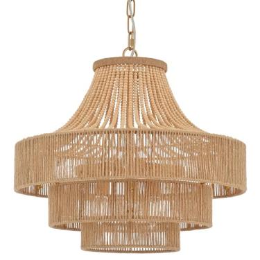 Imagem de ELYCCUPA Lustre de vime com contas de madeira boho tecido à mão pingente de luz 6 luzes ajustáveis pingente costeiro luminárias para sala de jantar sala de estar cozinha corredor, diâmetro 50,8 cm