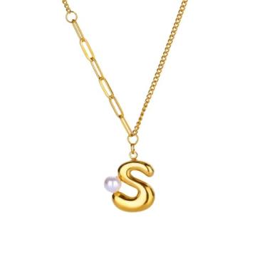 Imagem de Colar feminino com inicial de ouro 18 K, banhado a ouro 18K, delicada, com pingente de pérola, letra, colar, joia para presente, Large, Liga de aço, Sem Pedra Preciosa