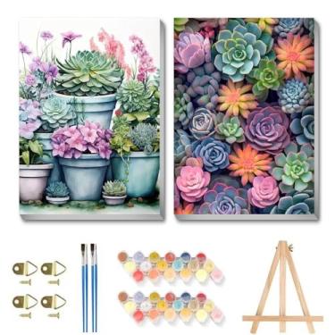 Imagem de askkqtx Pacote com 2 kits de pintura por números para adultos com cavalete, kit de pintura de suculentas por números com moldura, pintura em aquarela para adultos com tela emoldurada para decoração de