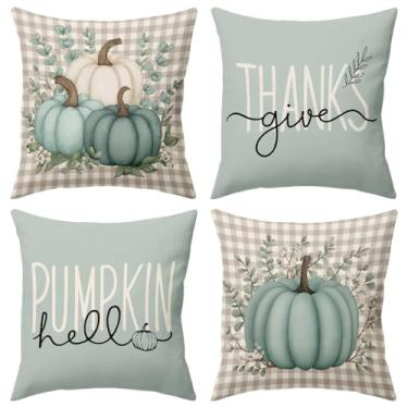 Imagem de BBOLDIN Capas de almofada de outono de Ação de Graças 45,7 x 45,7 cm, xadrez, azul, azul-petróleo, turquesa, abóbora, conjunto de 4, capas de almofada de outono de Halloween para decoração de casa