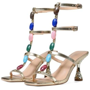 Imagem de Eteridrey Sandálias gladiadoras femininas com salto gatinho dourado com tira em T, bico aberto, casual, fivela e tiras para o verão, 1 ouro, 36