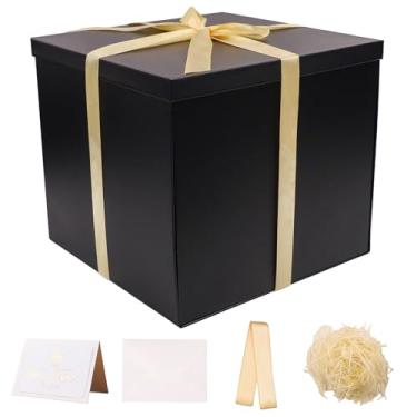 Imagem de UoeRing Caixa de presente grande com tampa de 30 x 30 x 28 cm, caixas de presente pretas para presentes para aniversários, dia dos namorados, dia das mães, Natal com envelope de cartão de fita e