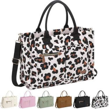 Imagem de ELONGRIVER Bolsa de lona para mulheres, bolsas grandes de trabalho com compartimentos, bolsa transversal com zíper para professores, faculdade, Estampa de leopardo, One Size