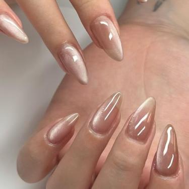 Imagem de SXVME 30 unidades de unhas de apertar olho de gato com glitter, amêndoa média - unhas postiças fortes de acrílico, cola de gel macio nas unhas com acabamento esmaltado, bastão brilhante nas unhas para