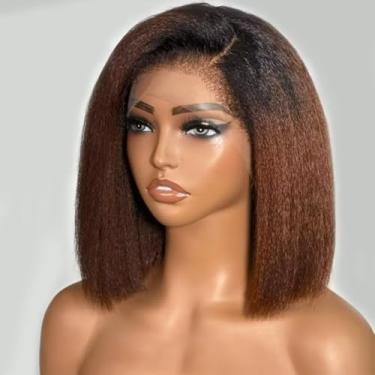 Imagem de Peruca 1B30 Cor Kinky Liso Cabelo Humano Densidade 180% Ombre Marrom Curto Bob Perucas para Mulheres Negras 33x15 HD Peruca de Cabelo Humano Corte Sem Corte Bob Brasileiro Virgem Yaki Perucas de