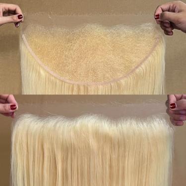 Imagem de Topnormantic 613 HD Lace Frontal, 0,1 mm ultrafino invisível pele suíça 13x6 renda frontal pré-arrancado com cabelo de bebê cor loiro 12A cabelo humano virgem brasileiro liso pequeno nó único 45,7 cm